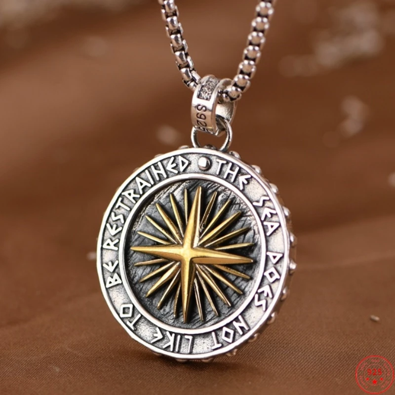 S925 Sterling Silver Pendants for Women Men New Fashion Sea God Compass Solar Radiation Cross  Punk Jewelry Amulet