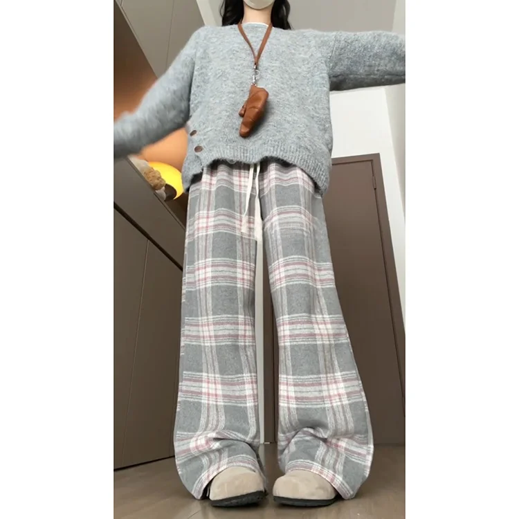 핑크색 레이지 울 체크 팬츠 여성용 가을 겨울 신상 하이웨이스트 드레이프 루즈 캐주얼 와이드 레그 팬츠 스트레이트 컷 엘라스틱...