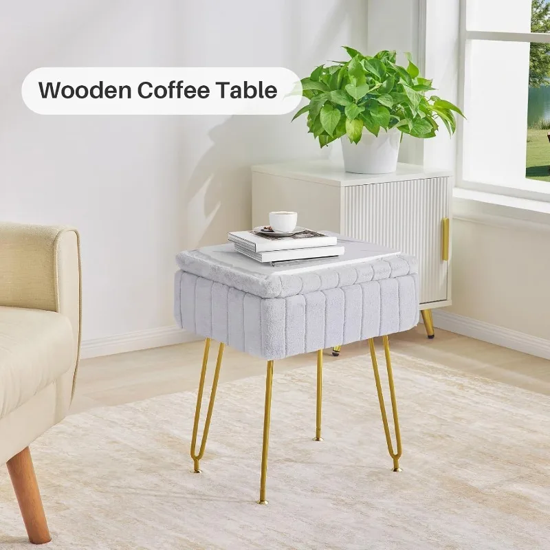 Stool with Storage, Vanity Stool Chair, Faux Fur Vanity Chair with Gold Leg, Footrest Footstool Ottoman, Multifunctional Makeup