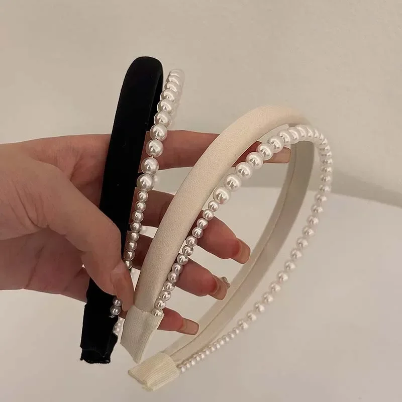 Narrow Satin Pearl Double-Layer Headband for Women Hair Band Retro Elegant Black White Sponge Hair Hoop Wedding Hair Accessories