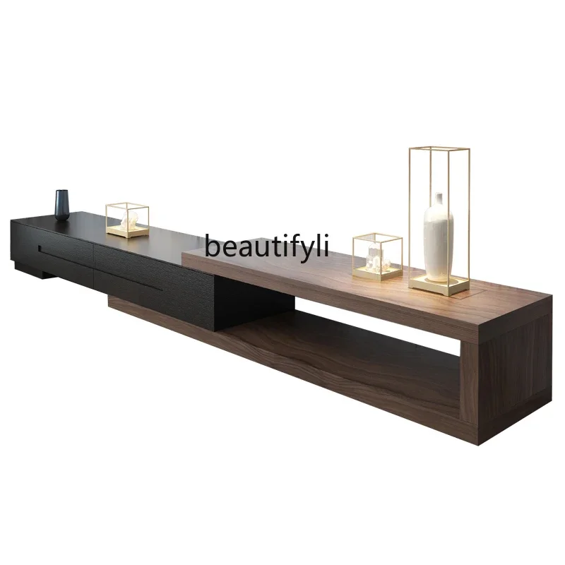 

Nordic Retractable TV Cabinet and Tea Table Living Room TV Stand Black Light Luxury Style Combination