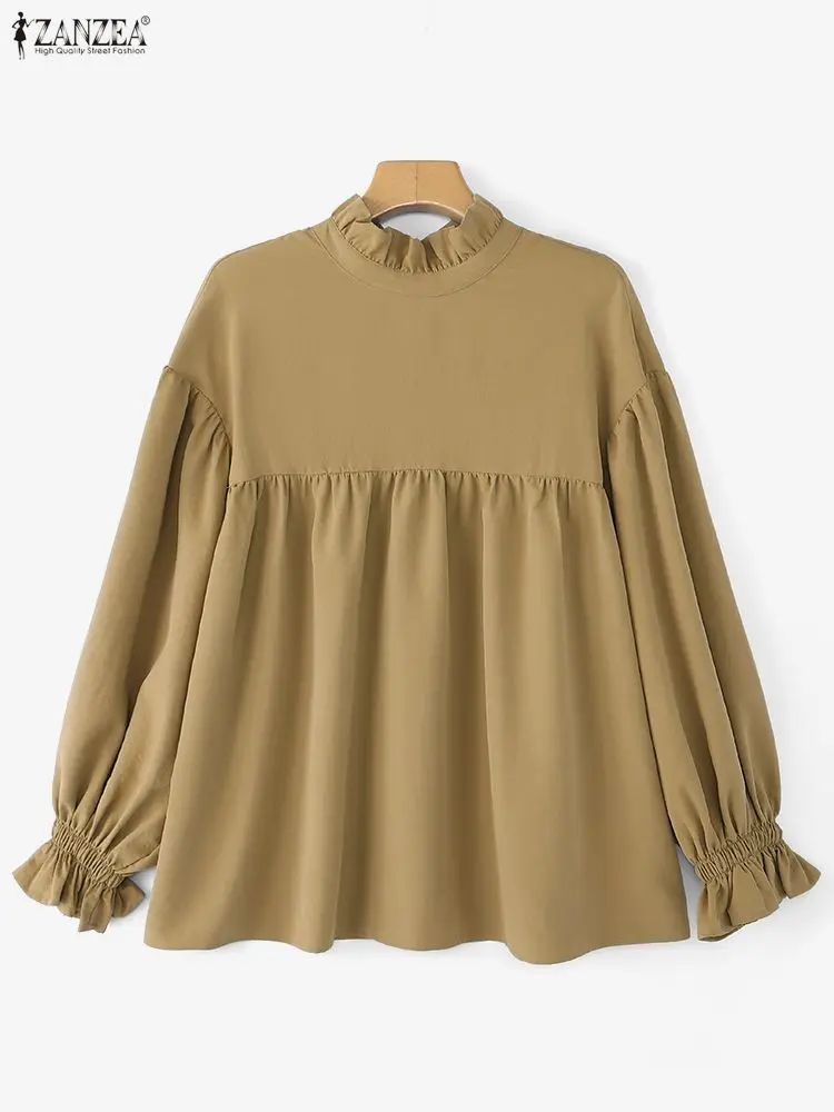 Moda Ruffled Top ZANZEA Elegante Camicetta da ufficio Donna Manica lunga 2025 Autunno Lace-Up Casual Allentato Blusas Camicie solide femminili