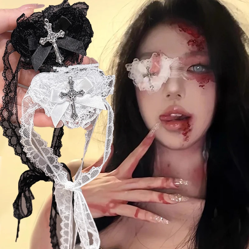 Halloween Punk Gothic Kreuz Augenmaske für Frauen Cosplay Lolita Augenklappe Spitze Herz Schleife Brillen Zubehör Karneval Requisiten