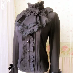 Women's Black Loita long sleeve collar slim chiffon shirt with flounces