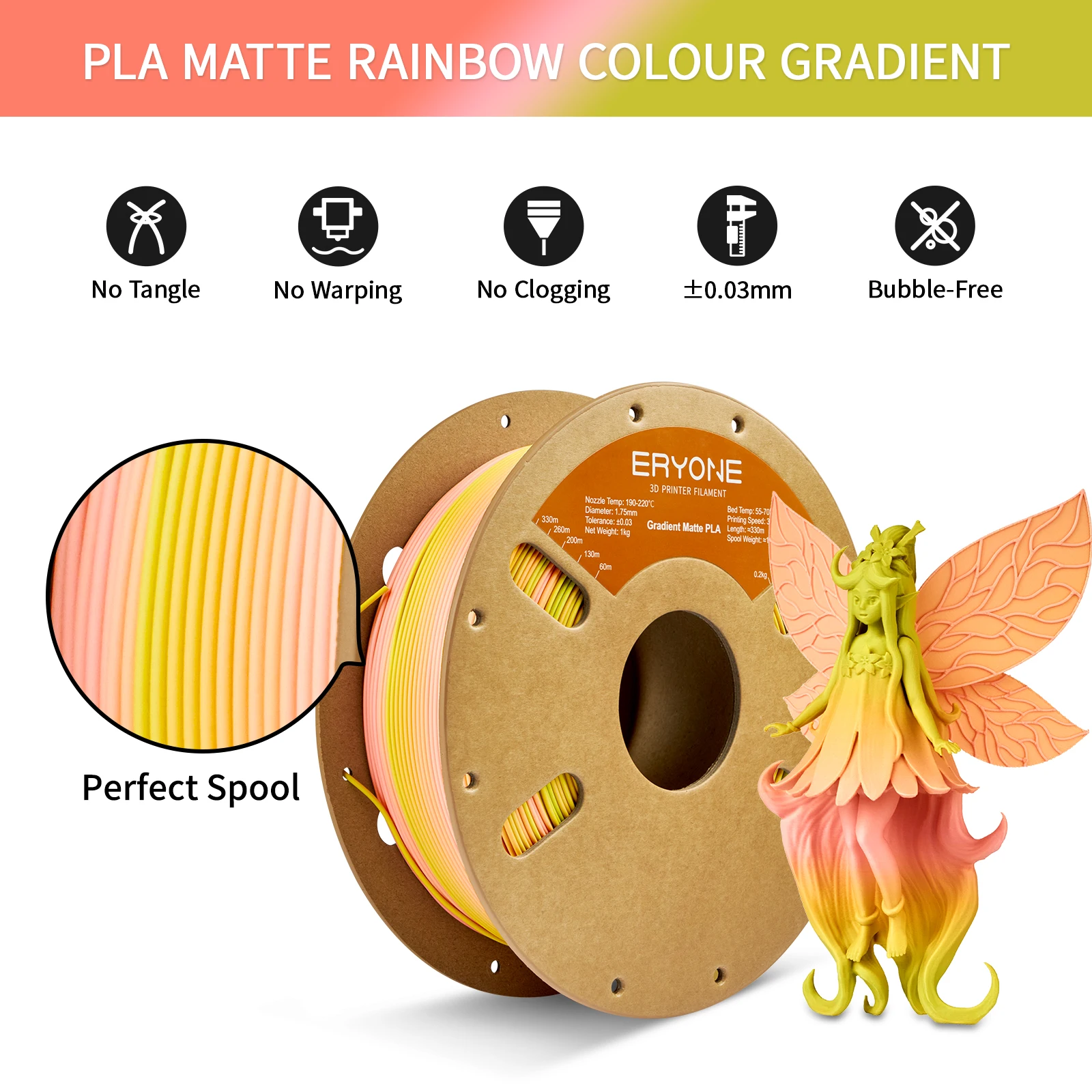 ERYONE 1KG Matte Gradient PLA 3D Printer Filament 1.75mm, Multicolor Gradient Matte Finish, Non-Glare Smooth 1kg spool