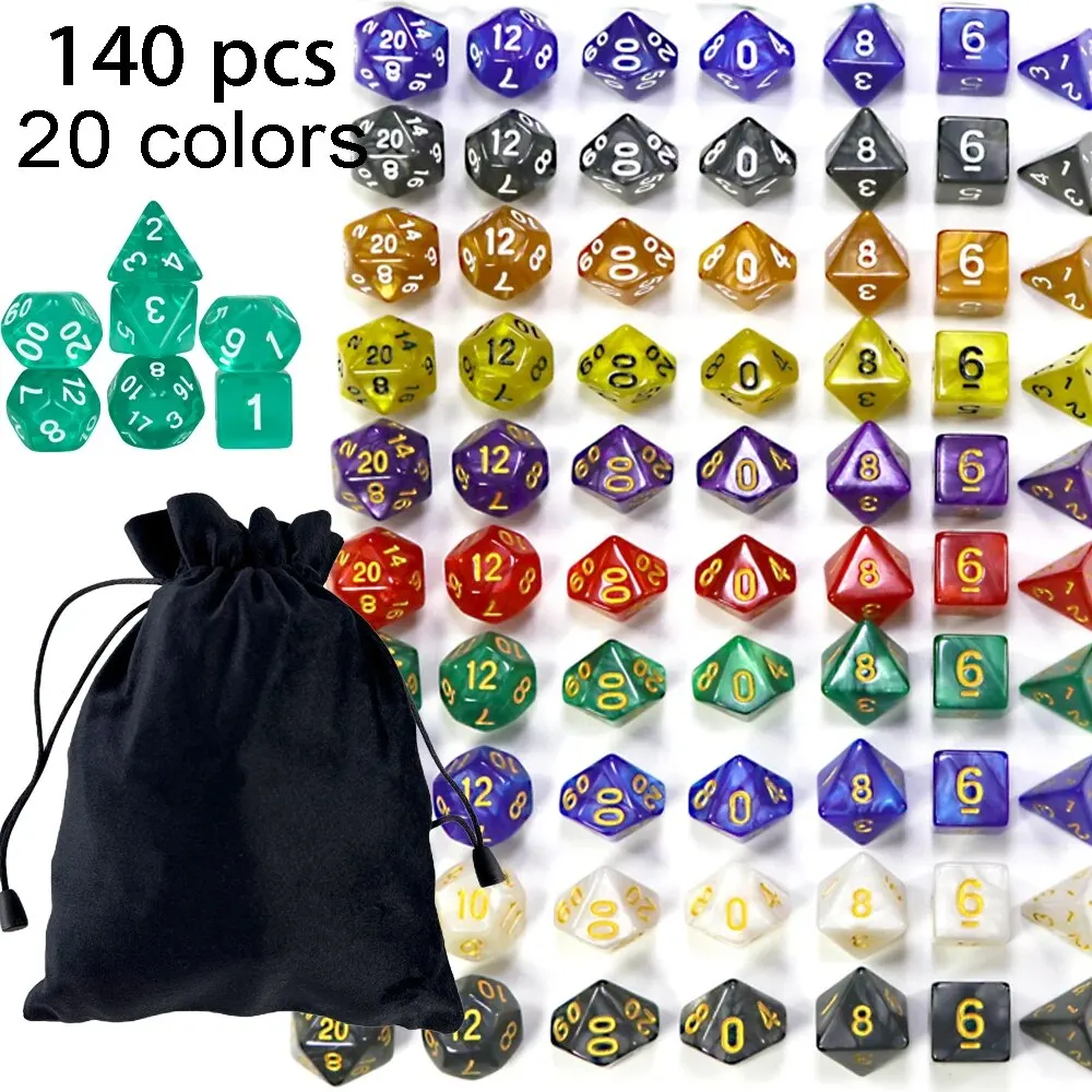 140pcs Dice with Bag D4-D20 20 Colors for Tabletop RPGs Games DND RPG Parties Toys Board Game As Gift