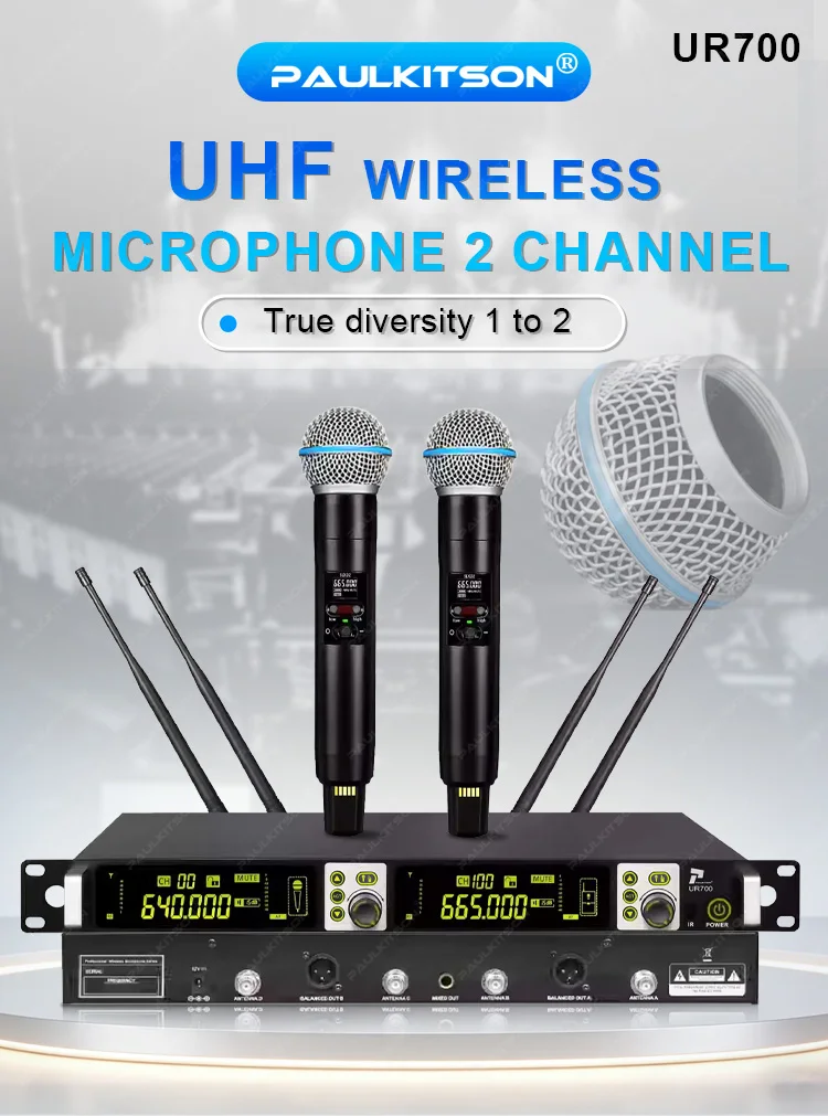 Paulkitson UR700 True Diversity Drahtloses Mikrofonsystem, Dual-Channel UHF 600MHz Dynamisches Handmikrofon für Bands und Gesang – Detail 1
