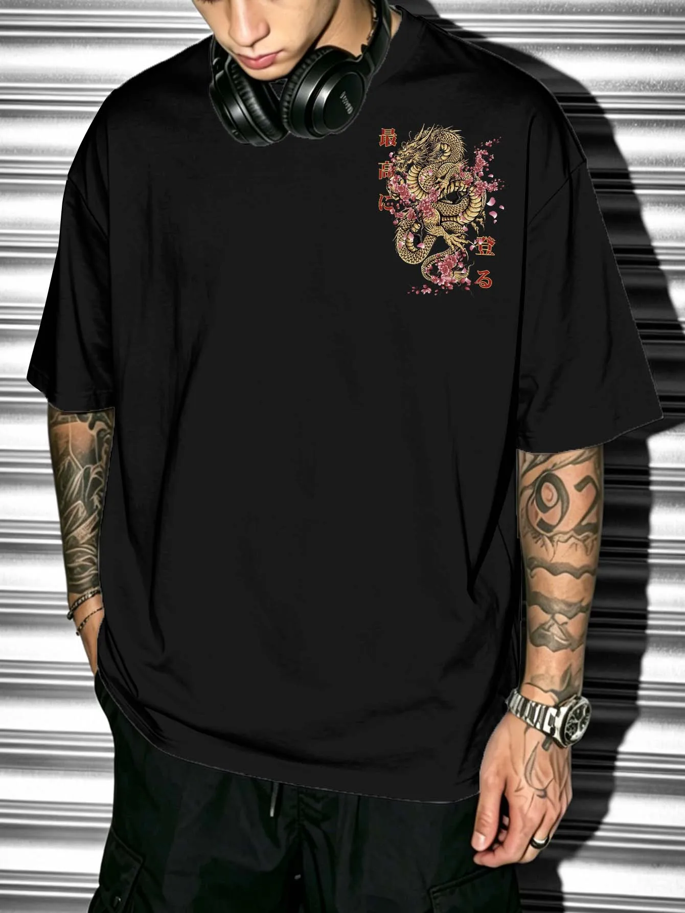 Men Oriental Dragon Cherry Blossom Back Print Oversized T‑Shirt Polyester Loose Streetwear Short Sleeve Tee S‑2XL