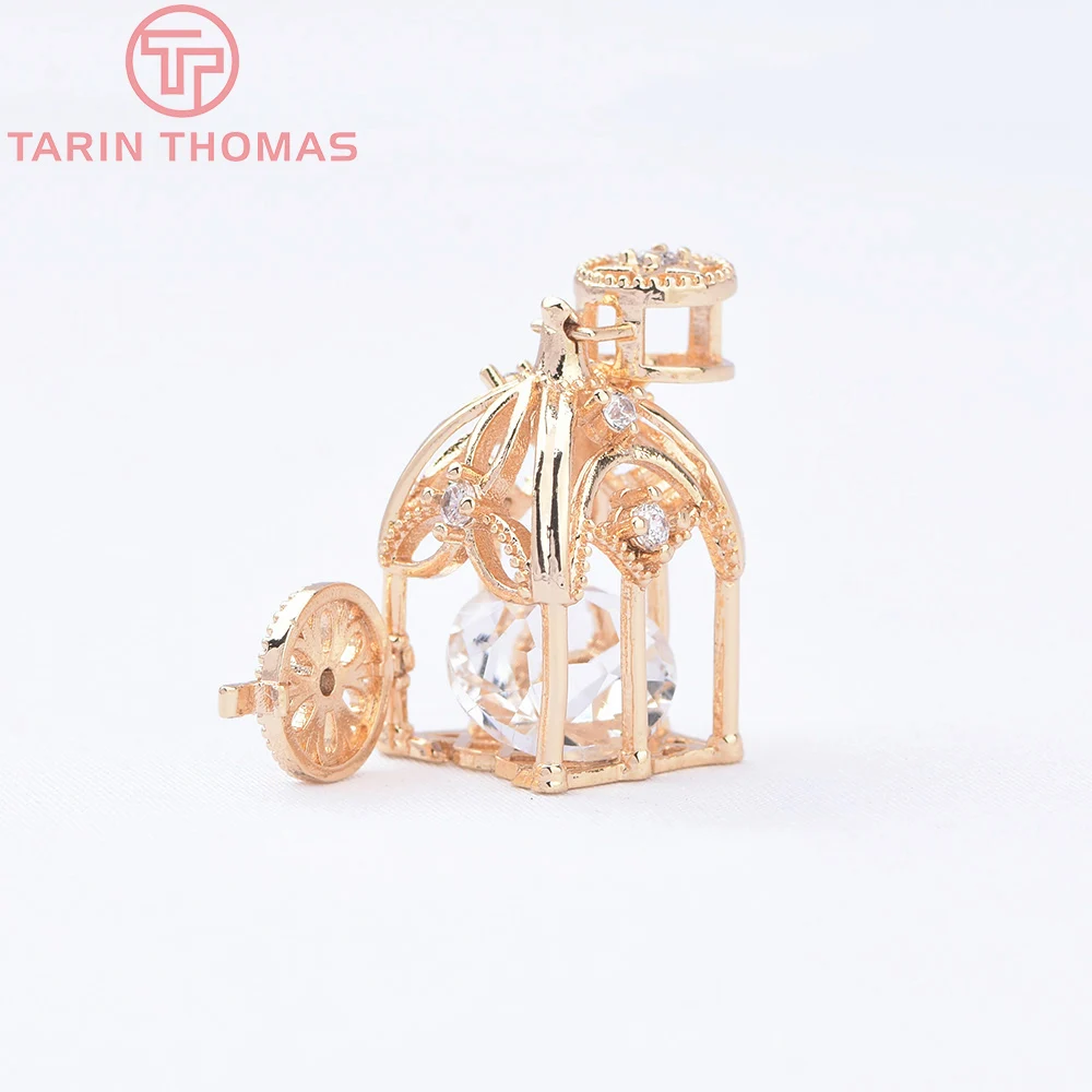 (8952) 4PCS 14x28MM 24K Gold Color Brass with Zircon Hollow out Birdcage Shaped Pendant High Quality Diy Jewelry Making Finding