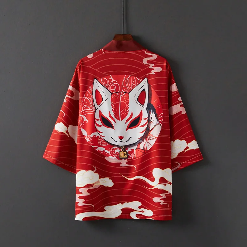 Japanese-Style Retro Fashion Loose Fox Cartoon Print Kimono Cardigan Haori Summer Plus Size Beach Vacation Niche Design Swimsuit Swimwear Outerwear One-Piece Cover-Up