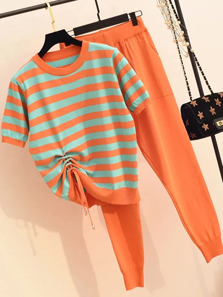 Conjunto de dos piezas de punto para mujer, conjunto de Top con cordón y pantalones de cintura alta, a la moda ropa de calle, primavera y verano,