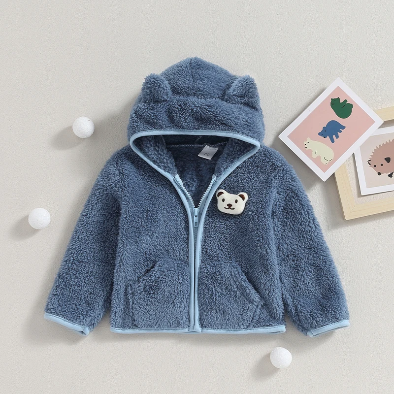 Baby Boy Girl Fuzzy Jacket Winter Clothes Long Sleeve 3D Bear Zipper Cardigan Sweatshirt Closure Fleece Tops Coat Kids Outerwear