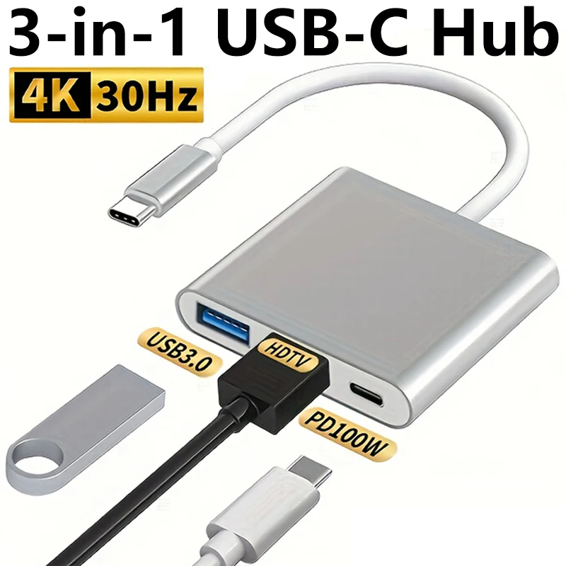 3-in-1 USB C Hub with 4K30Hz HDTV, USB 3.0 Port, PD 100W Fast Charging, Aluminum Case, for Laptop Desktop Home Office