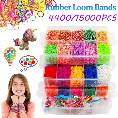 15000Kit 상자 및 고무 직조 밴드, 어린이 멀티 컬러 제작, 우븐 팔찌, 레인보우 고무 밴드
