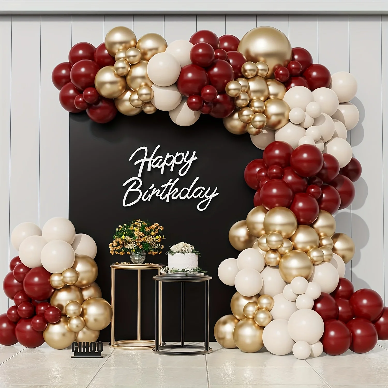 123pcs Burgundy Balloon Garland Arch Kit, Burgundy and Sand White Metallic Gold Balloons for Maroon Wedding Valentines Day Baby Shower Birthday Wedding Wine Party Decorations