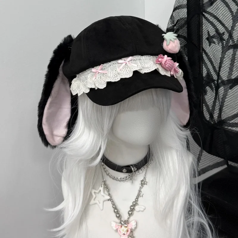 新しいオリジナル日本ロリータイチゴソフトキャンディ帽子 Y2K ガールサブカルチャーレースリボンベレー帽女性愛らしい八角形帽子