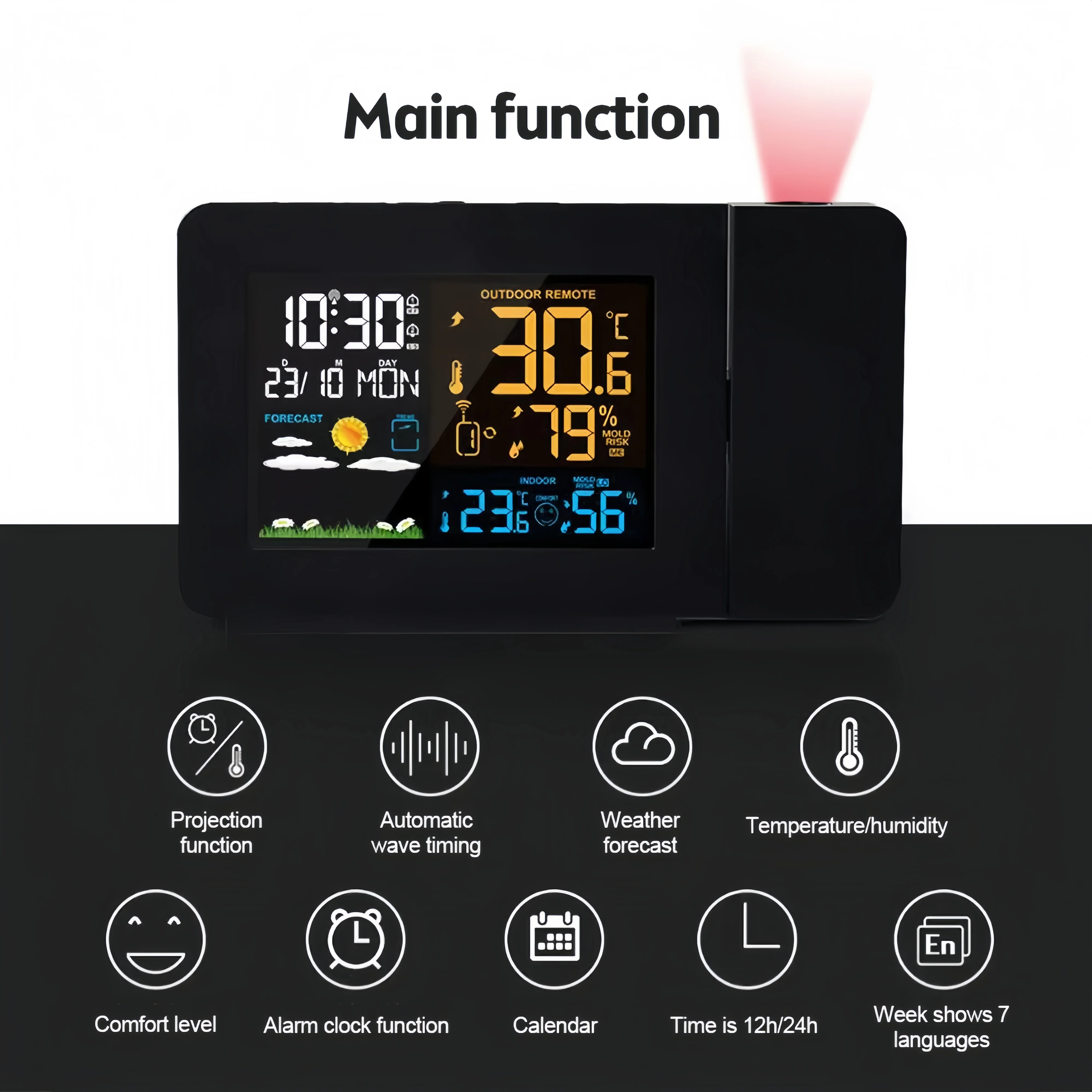 LED Indoor Outdoor Temperature Humidity Meter | Multifunction Projection Alarm Clock with Weather Forecast | for Home/Office