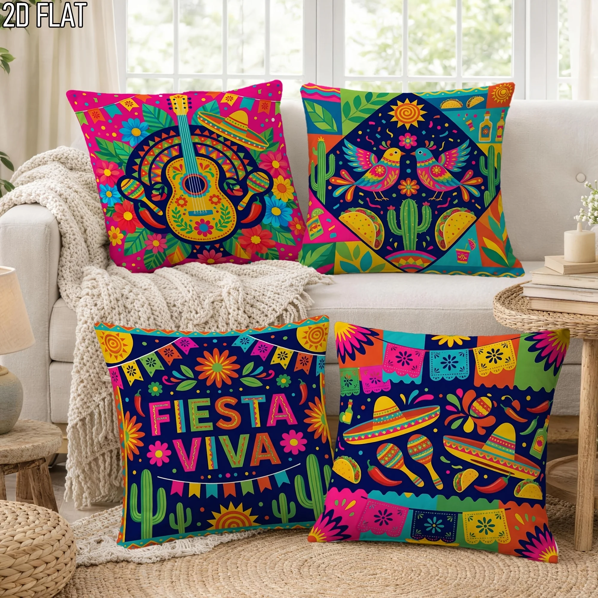 4Pcs Minimalist Nordic Throw Pillow Covers Vibrant Mexican Carnival Folk Art Cushion Cases for Balcony Office Festive Decor