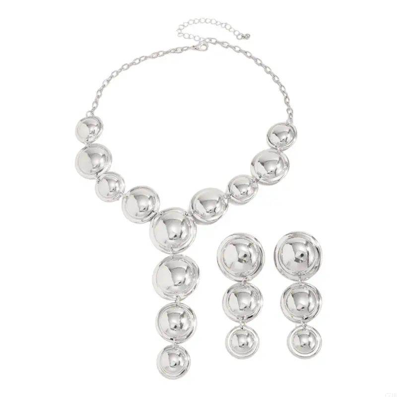 Dynamic Geometric Round Necklace and Earrings Set Including Adjustable Y and Flowing Tassels for Fashion Outfits