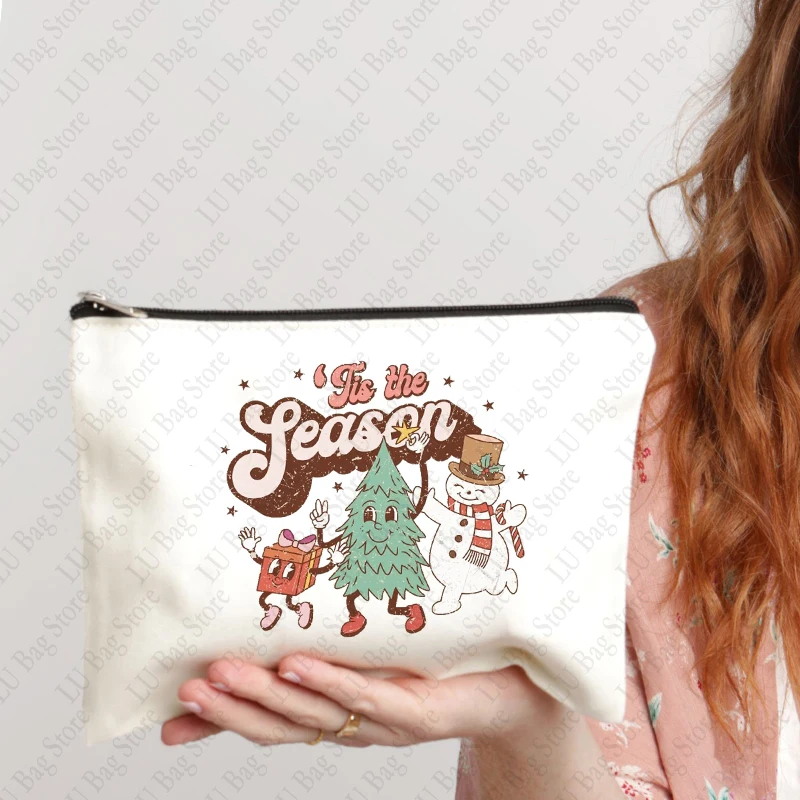 Tis The Season bolsa de maquillaje con patrón de árbol de Navidad, el mejor regalo para Navidad, bolsa de cosméticos de lona, bolsa organizadora, regalo de Año nuevo para ella