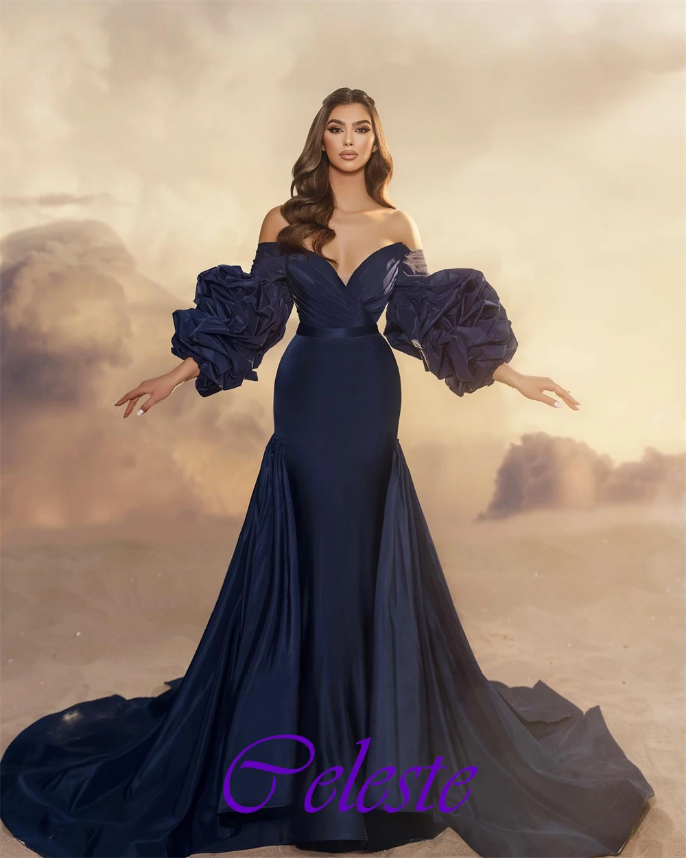 Customized Elegant V-Neck Satin Evening Dress Classic Puff Sleeves Prom Dresses Luxury Off the Shoulder Special Occasion Gowns