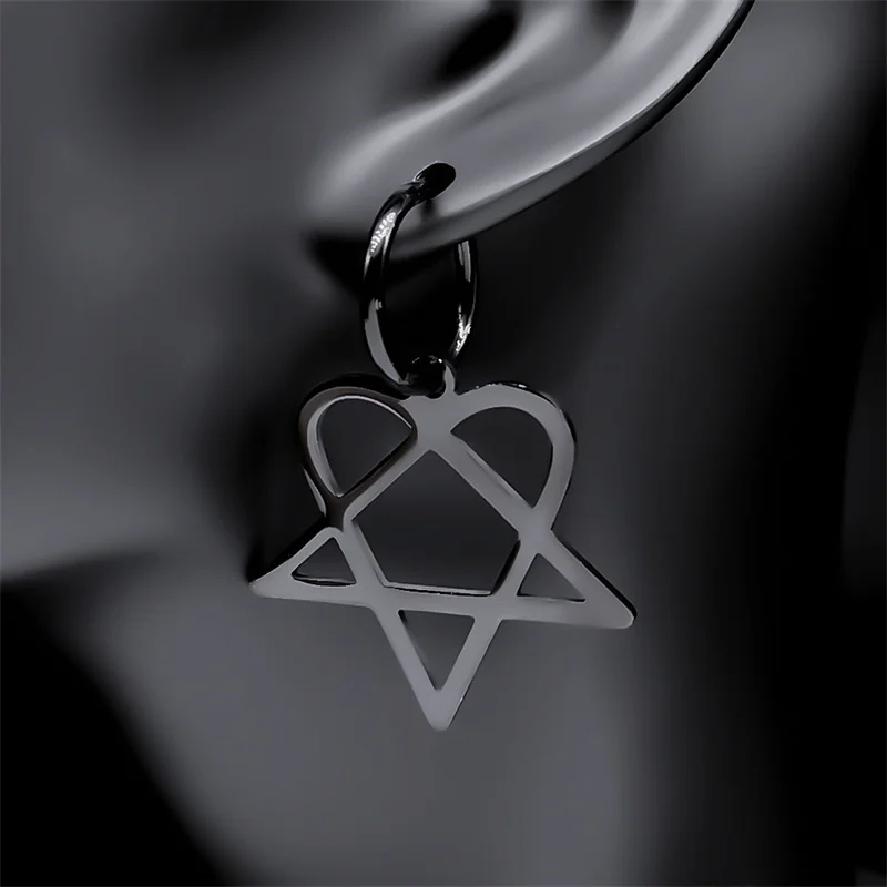 Goth Heartagram Star Dangle Hoop Earring Women Stainless Steel Black Color Rock Music Band HIM Fans Earrings Jewelry E2613S03