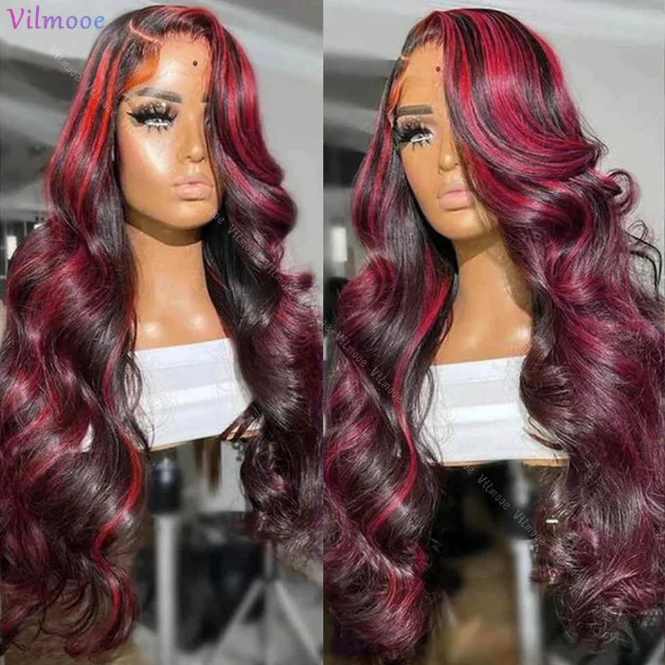 Destaque 99j borgonha onda do corpo 13x4 hd couro cabeludo boné peruca frontal do laço vermelho colorido ondulado perucas de cabelo humano fechamento do laço perucas para mulher