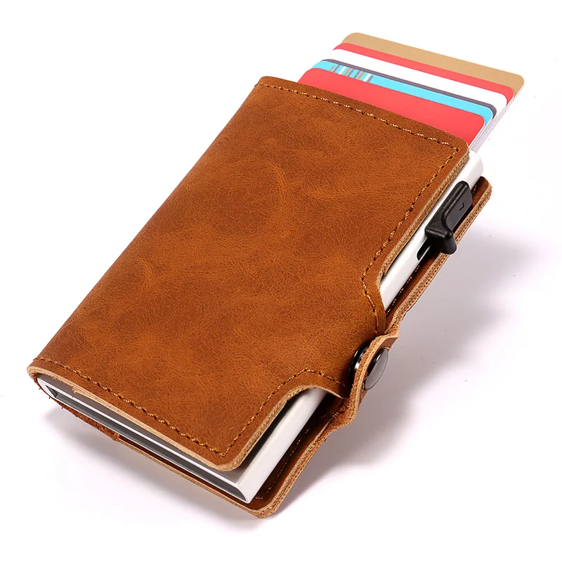Men Card Holder with Money Pocket Crazy Horse Leather Pop Up Minimalist Wallet RFID Blocking Slim Metal Bank Card Case
