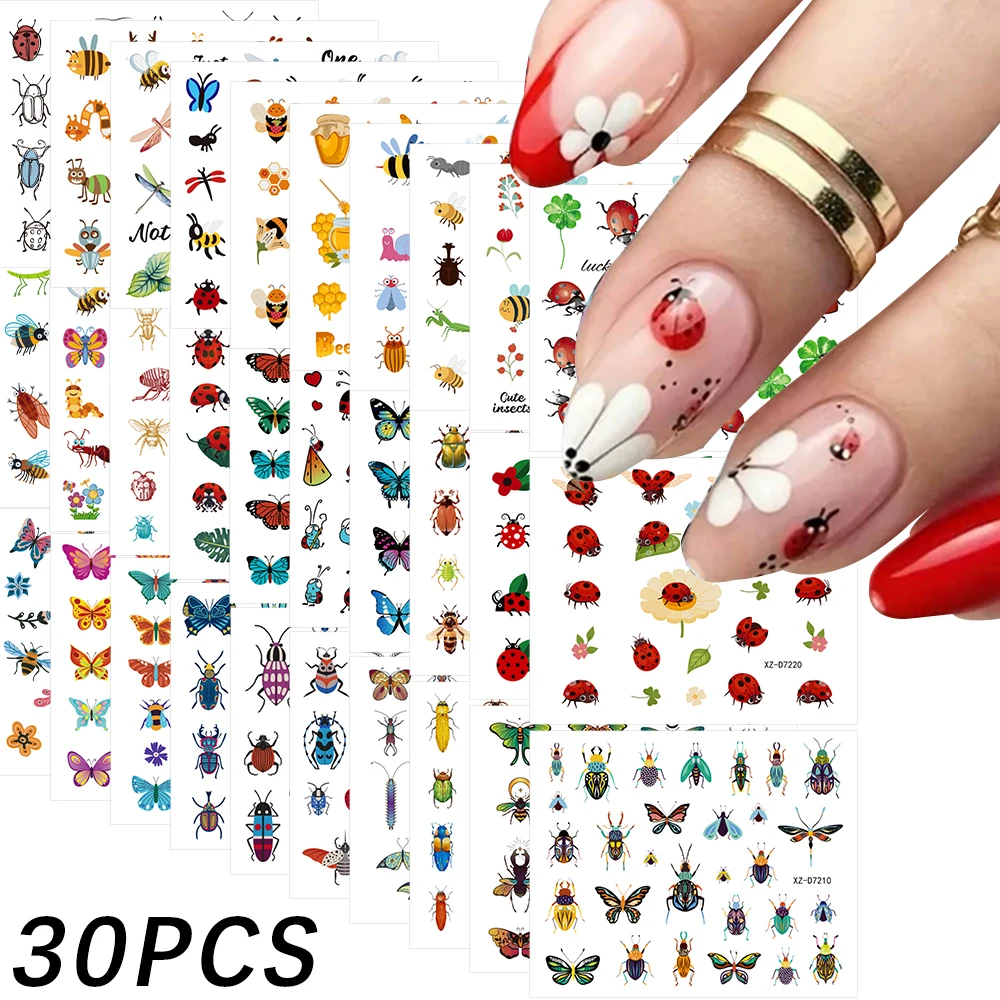 30Pcs/Set 3D Little Insect Nail Art Stickers Beetles Butterfly Clover Water Transfer Slider Self Adhesive DIY Nail Design Decals