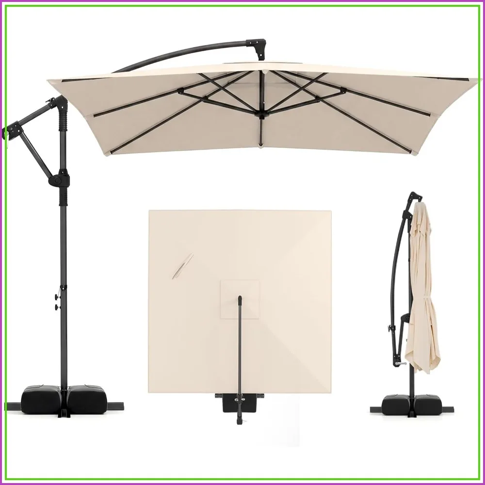 8x8 FT Square Offset Patio Umbrella with Base, 360° Rotation, Crank Handle, Sandbags, 8 Ribs for Pool Deck Garden