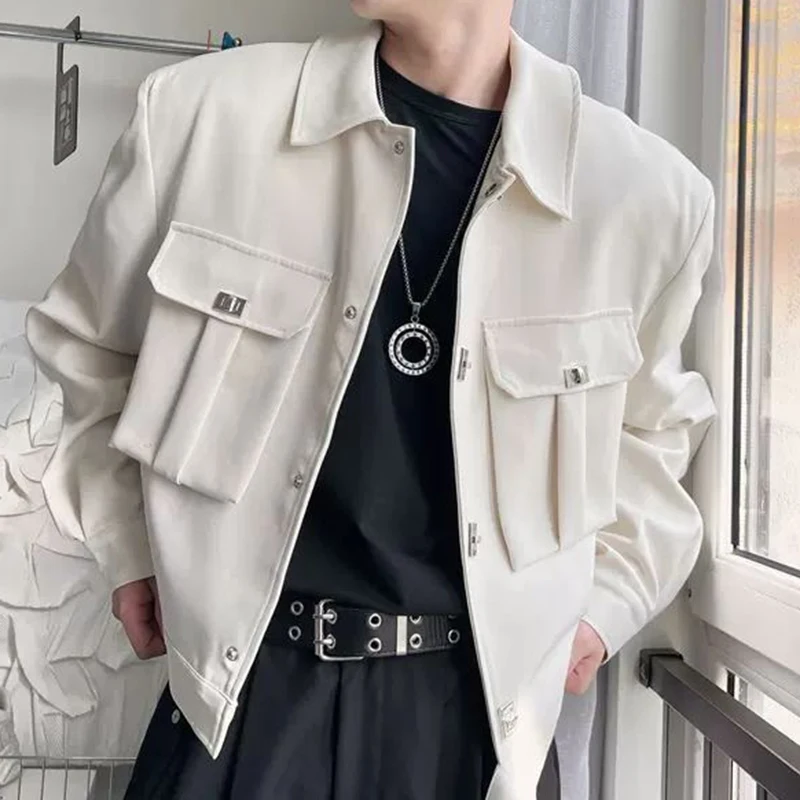 

Spring and Autumn Season New Korean Casual Solid Color Design Square Buckle Short Jacket Men's Trendy Brand Flip Collar Coat