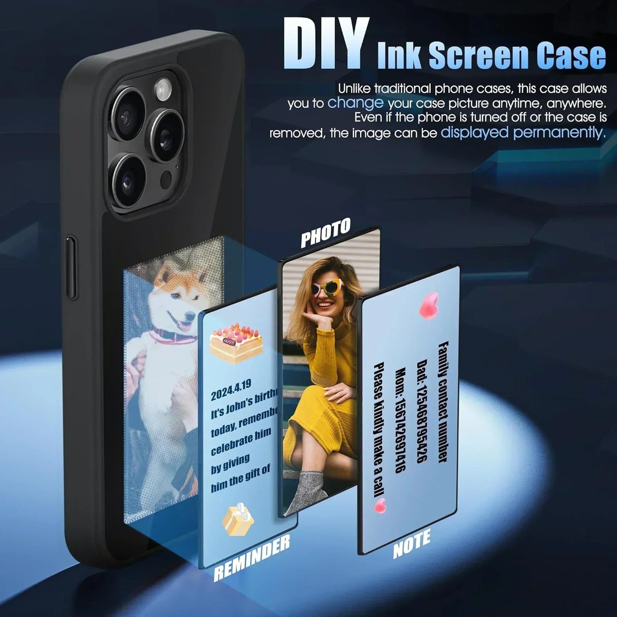 NFC Function Smart Phone Case For iphone 16 15 14 13 Pro Max E ink 4 Color Screen DIY Fashion Phone Cover Cartoon Girl New Funda