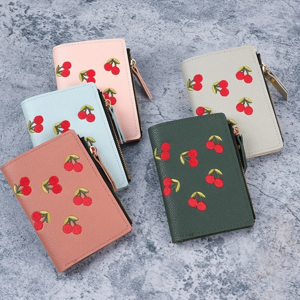 Women Vertical Buckle Cherry Embroidered Small Short Wallet Simple Wallet Girl Zipper Purse Wallets for Women Luxury Card Holder