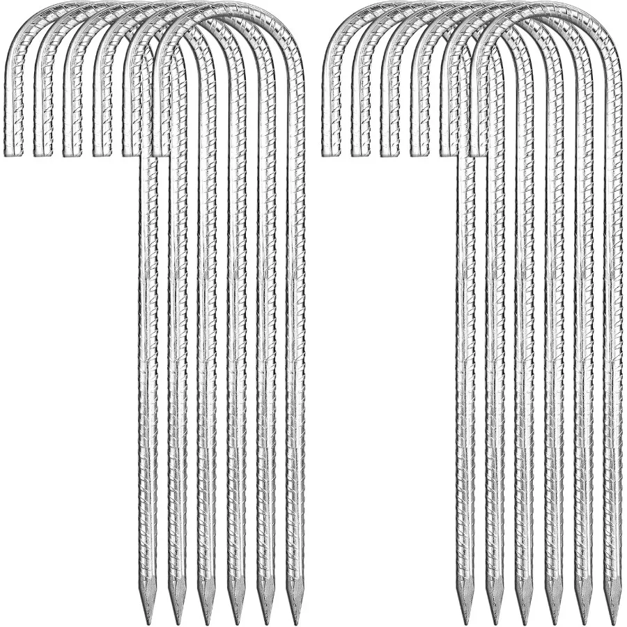 

12 inch Garden Ground Stakes Galvanized Steel J Shape Hook Rebar Stakes 12 Pack Heavy Duty Ground Anchors for Outdoor Yard Use