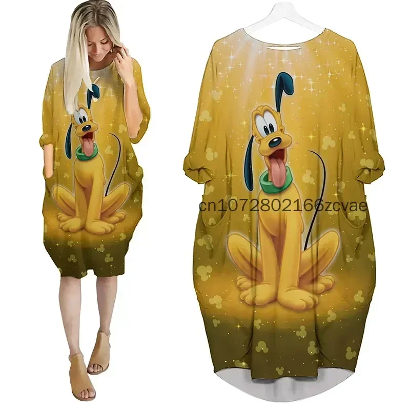 

2024 Disney Pluto Women's Batwing Pocket Dress 3D Printed Disney Stitch Oversize Fashion Street Dress Long Sleeve Sleeping Dress