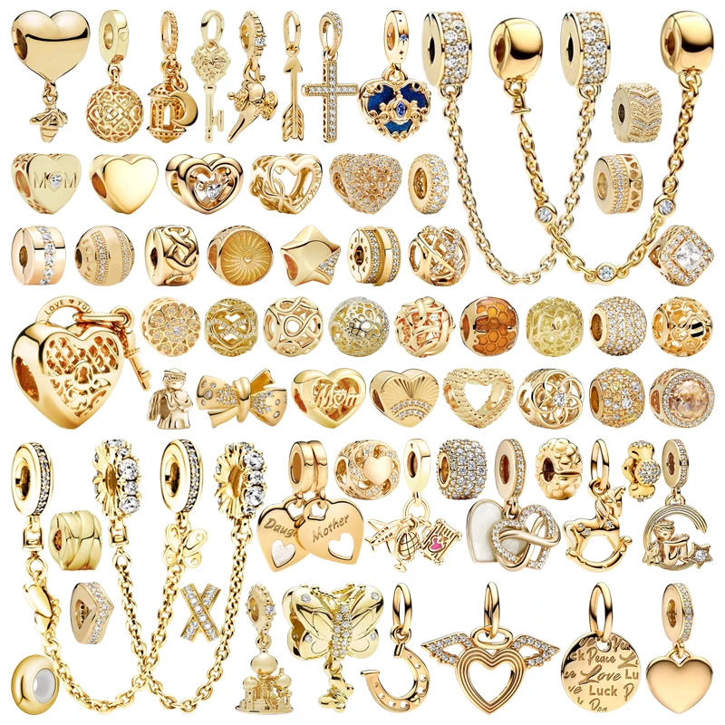 Novos encantos originais diy jóias femininas presente espumante ouro triplo claro pedra corrente de segurança duplo coração dividir contas caber pulseiras