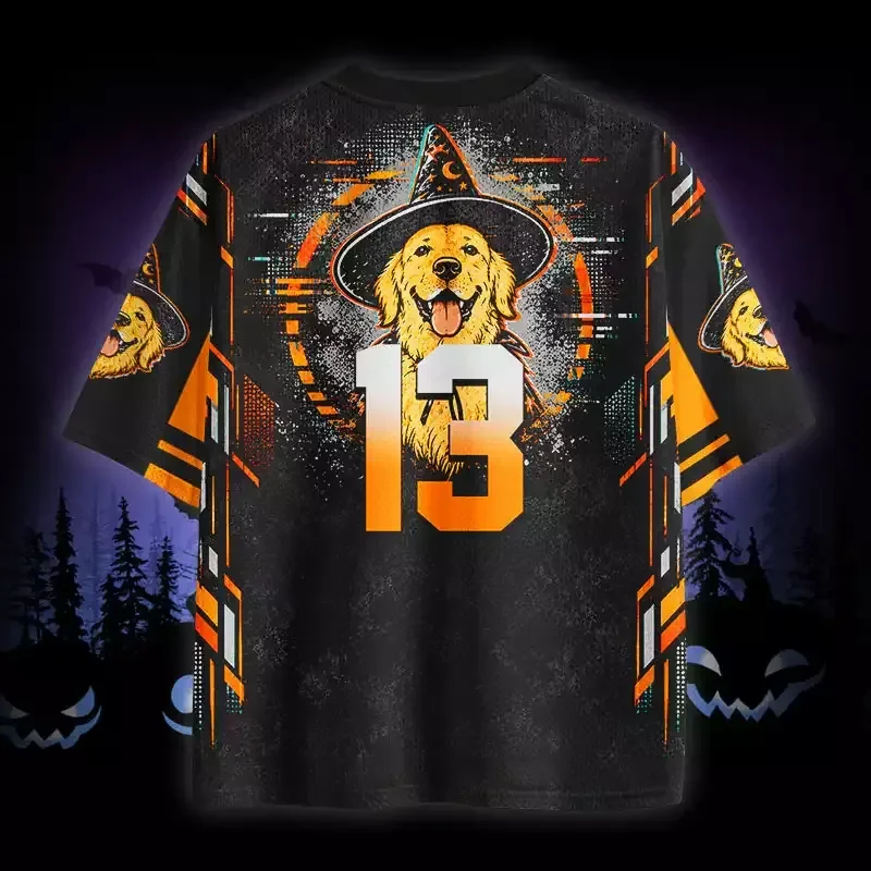 Men Women Witch Golden Retriever Pumpkin V Neck Jersey Short Sleeve Oversized Streetwear Casual Mesh Sport Shirt Halloween Top