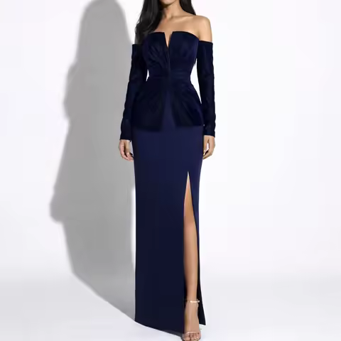 Navy Blue Off Shoulder Evening Dress with Full Sleeve Knot Prom Gown Mermaid for Woman Wedding Dress Customized