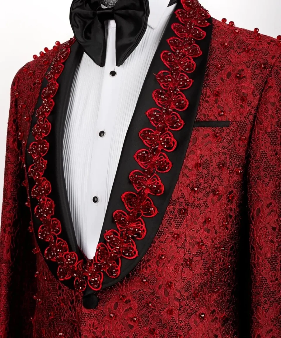 

Modern Lace Appliques Men Suits One Button Shawl Lapel Pant Sets Beaded Prom Male Party 2 Piece Customized Outfits