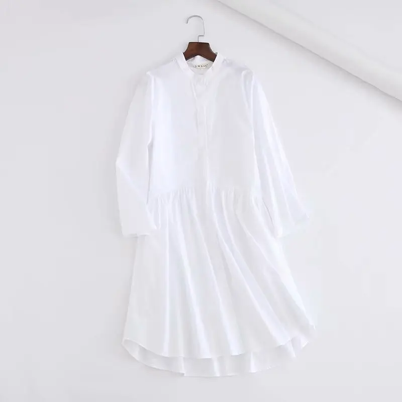 women simply solid color stand collar white shirtdress female roll up sleeve vestidos chic autumn casual pleats dresses DS2829