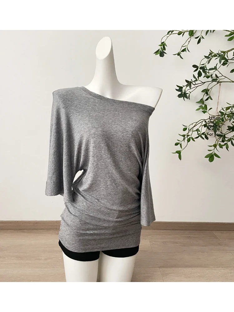 Irregular Off Shoulder T-shirts Women 2026 New Simple Solid Folds Design Tops Korean Lazy Versatile Short Sleeve Tees