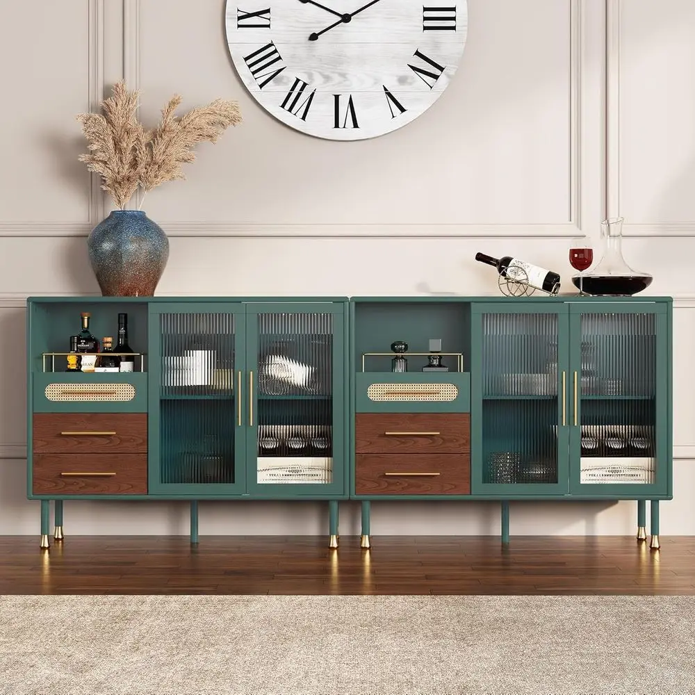 48 Green Coffee Bar Cabinet with Wine Racks and Drawers, Expandable Sideboard for Bar Cart, Kitchen, Dining, Living Room