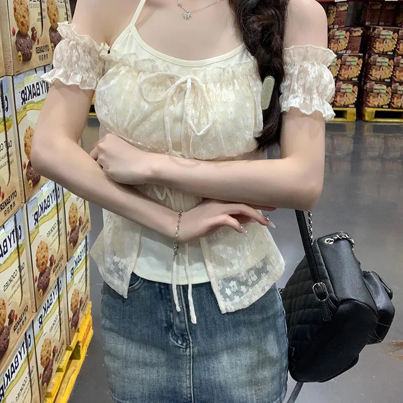 Sexy Off Shoulder Women Blouse Short Sleeves Summer Breathable Design Strappy Tops Korean Style Sweet Ladies Tops