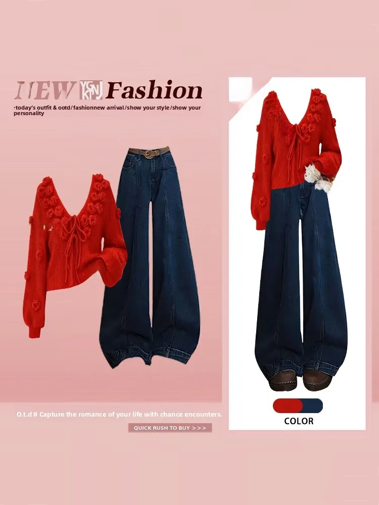 

Ladies' Soft Lazy Sle V-Ne Red Knitted Sweater with Loose Wide-Leg Jeans Winter Two-Piece Set High Waist Long Sve