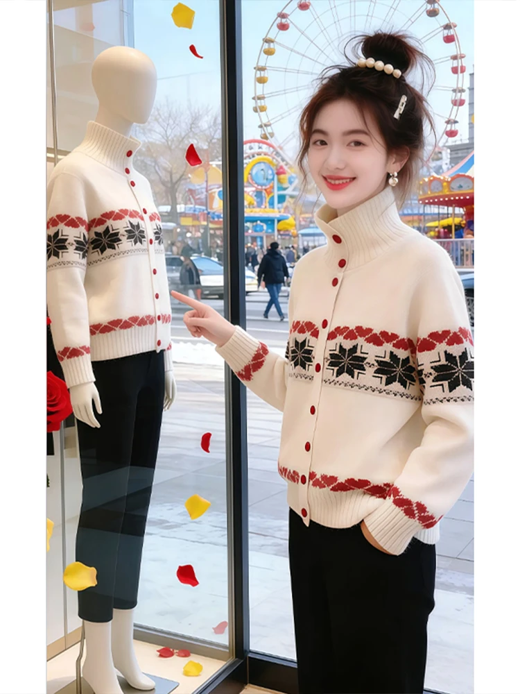 

Свободный вязаный свитер Fair Isle с высоким воротником, винтажный женский свитер на осень-зиму, большой размер, повседневная внутренняя одежда, топ