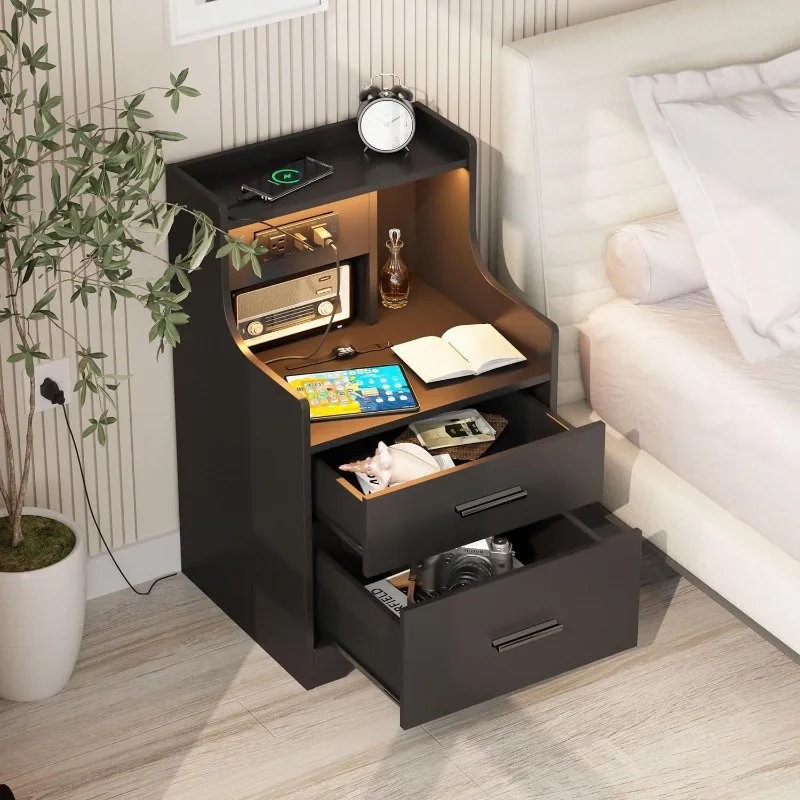 Nightstand with Charging Station & LED Lights, Black Nightstand with 2 Drawers and Open Storage, Bed Side Table Night Stand