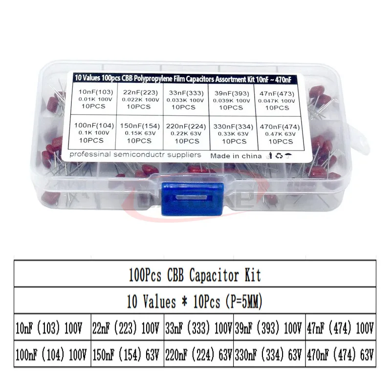 100Pcs CBB Polypropylene Film Capacitor  63V 100V CBB Capacitors Assortment Kit 10NF 22NF 47NF 100NF 150NF  560NF 103 104 154
