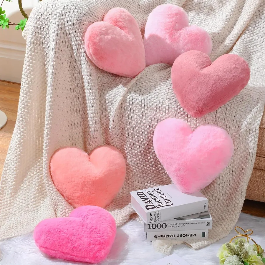 

6 Pcs Faux Rabbit Fur Heart Pillows Fluffy Heart Throw Pillows Cute Couch Cushion Soft Decorative Throw Cushion for Bed Sofa Gi