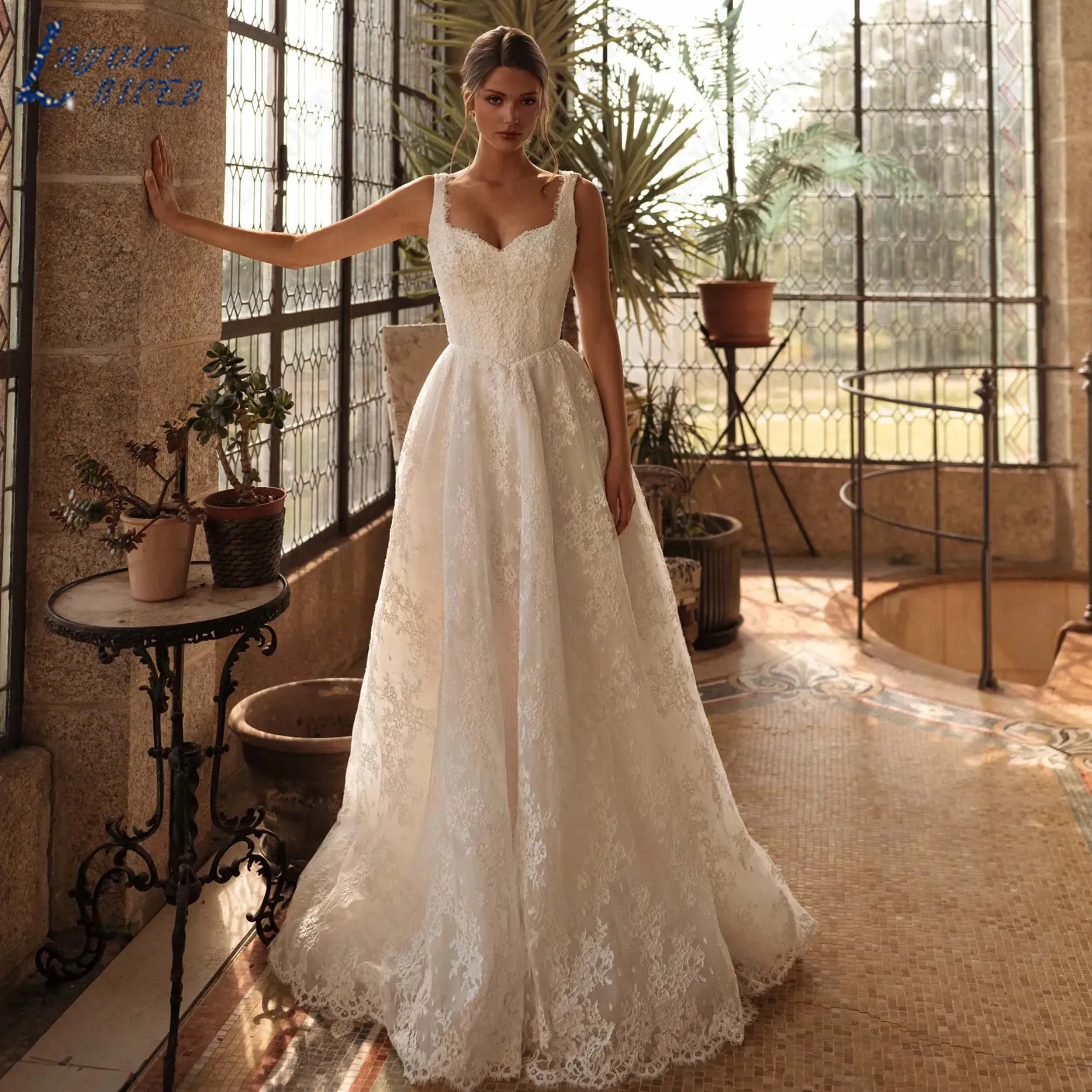 LAYOUT NICEB Customized V Neck Sleeveless Wedding Dress A Line Lace Bridal Gown Backless Spaghetti Straps Dresses For Bride
