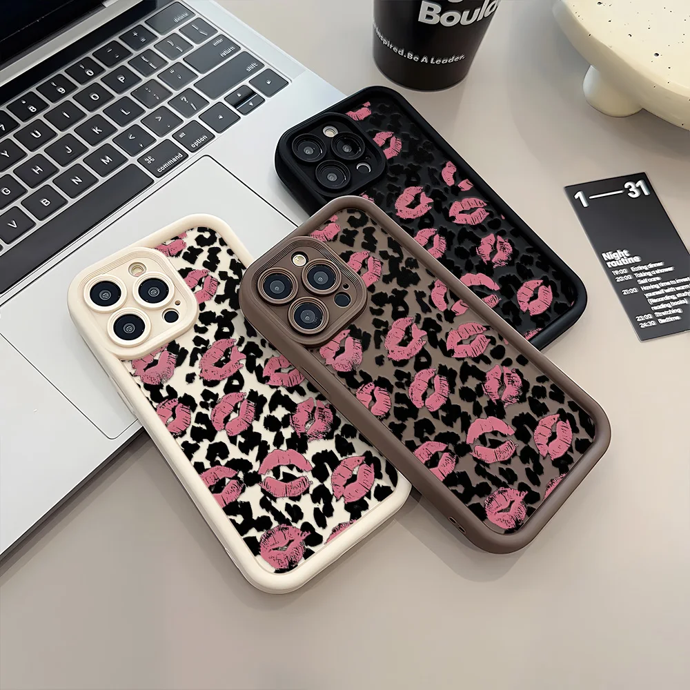 Painted Phone Case for Apple iPhone 17 16 15 14 13 12 11 Pro Max 8 Plus SE Air Cases Kawaii Pink Lip Leopard Silicone Protection view 3